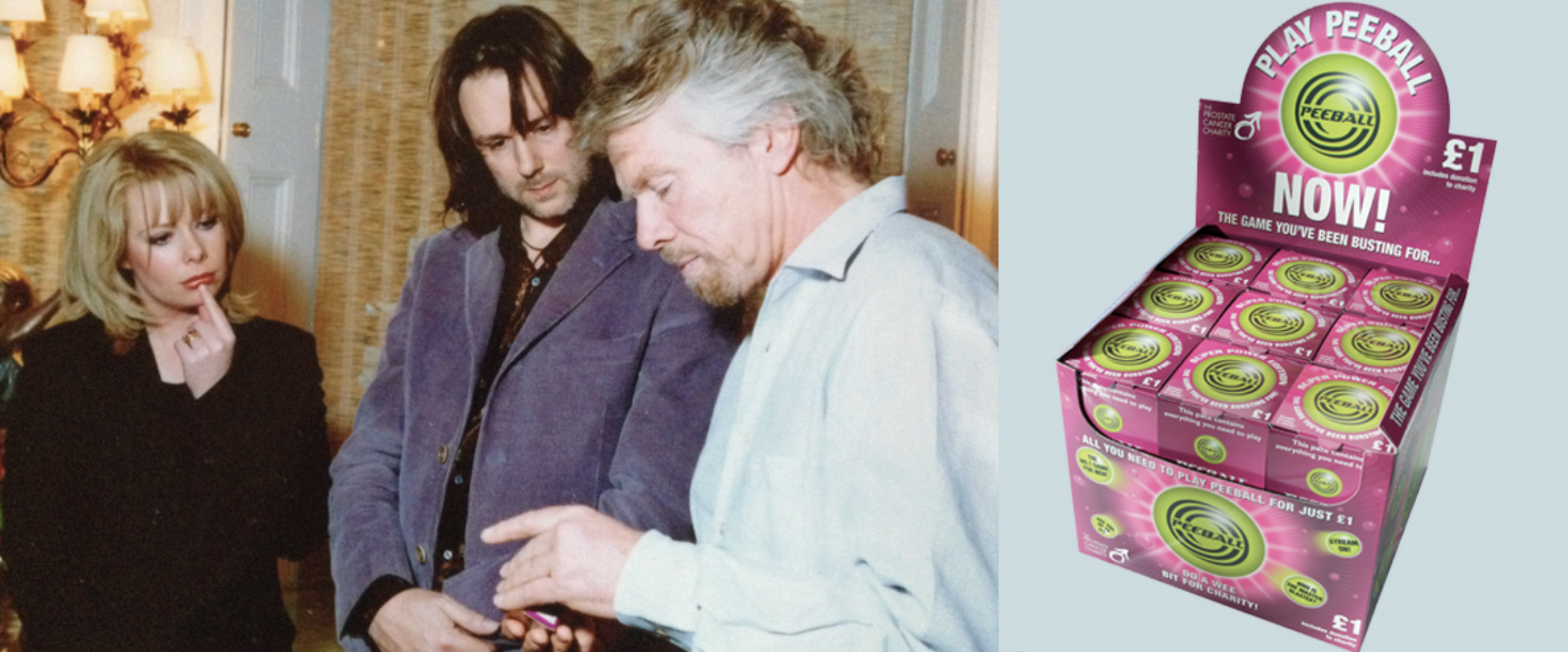 Matthew and Elaine Sweetapple presenting a pack of Peeballs to Richard Branson