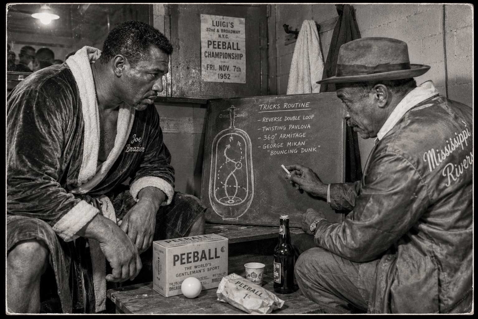 Joe Brazier and trainer Mississippi Rivers plan the tricks routine on a chalkboard before the bout