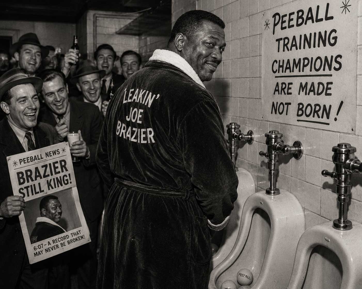 Joe Brazier celebrates with the crowd beneath a sign reading 'Peeball Training Champions Are Made Not Born', a newspaper declaring 'Brazier Still King' in the foreground