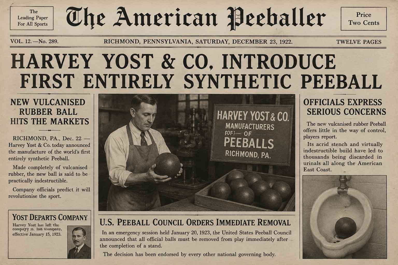The American Peeballer newspaper front page, Harvey Yost & Co introduce the first entirely synthetic Peeball, 1922