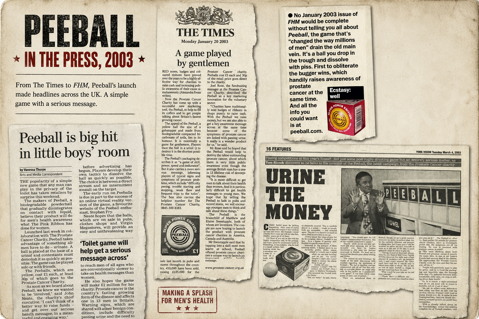 Newspaper and magazine cuttings from 2003 covering Peeball, including The Times, FHM and York Vision