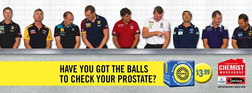 Have you got the balls to check your prostate? Peeball Super Power Edition, AFL head coaches campaign